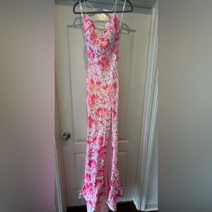 NWT Jovani Sz 2 Hot Pink Sequin Open Back Lace-up Gown with High Slit 08255